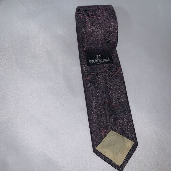 Men’s Vintage Paco Rabanne Luxury Neck Tie Burgundy Silk Italy Patterned - Picture 4 of 9
